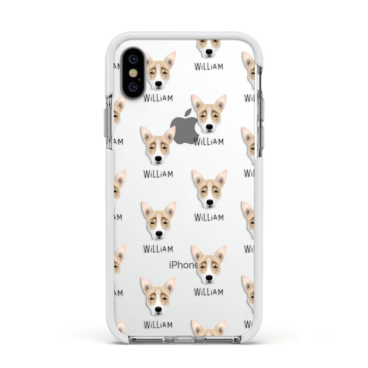 Australian Working Kelpie Icon with Name Apple iPhone Xs Impact Case White Edge on Silver Phone