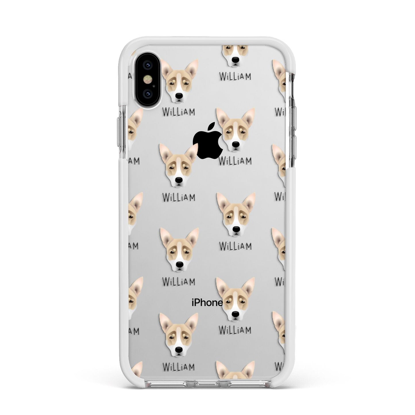 Australian Working Kelpie Icon with Name Apple iPhone Xs Max Impact Case White Edge on Silver Phone