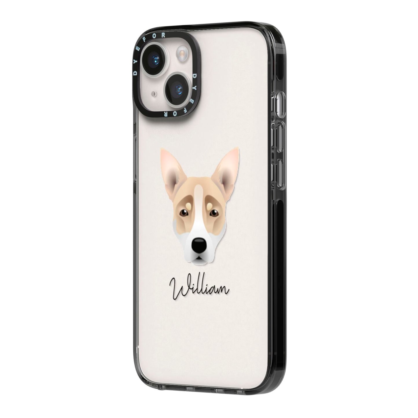 Australian Working Kelpie Personalised iPhone 14 Black Impact Case Side Angle on Silver phone