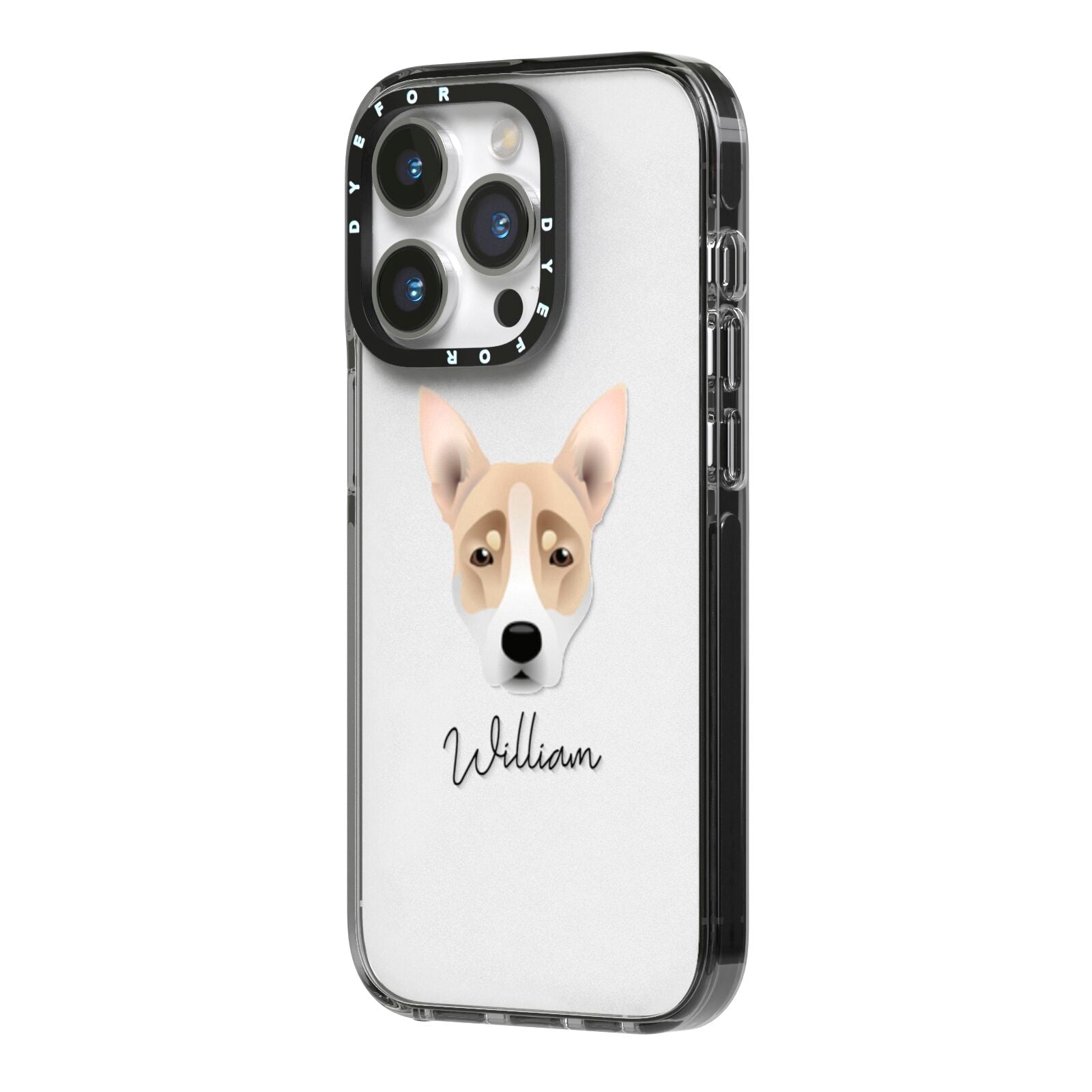 Australian Working Kelpie Personalised iPhone 14 Pro Black Impact Case Side Angle on Silver phone