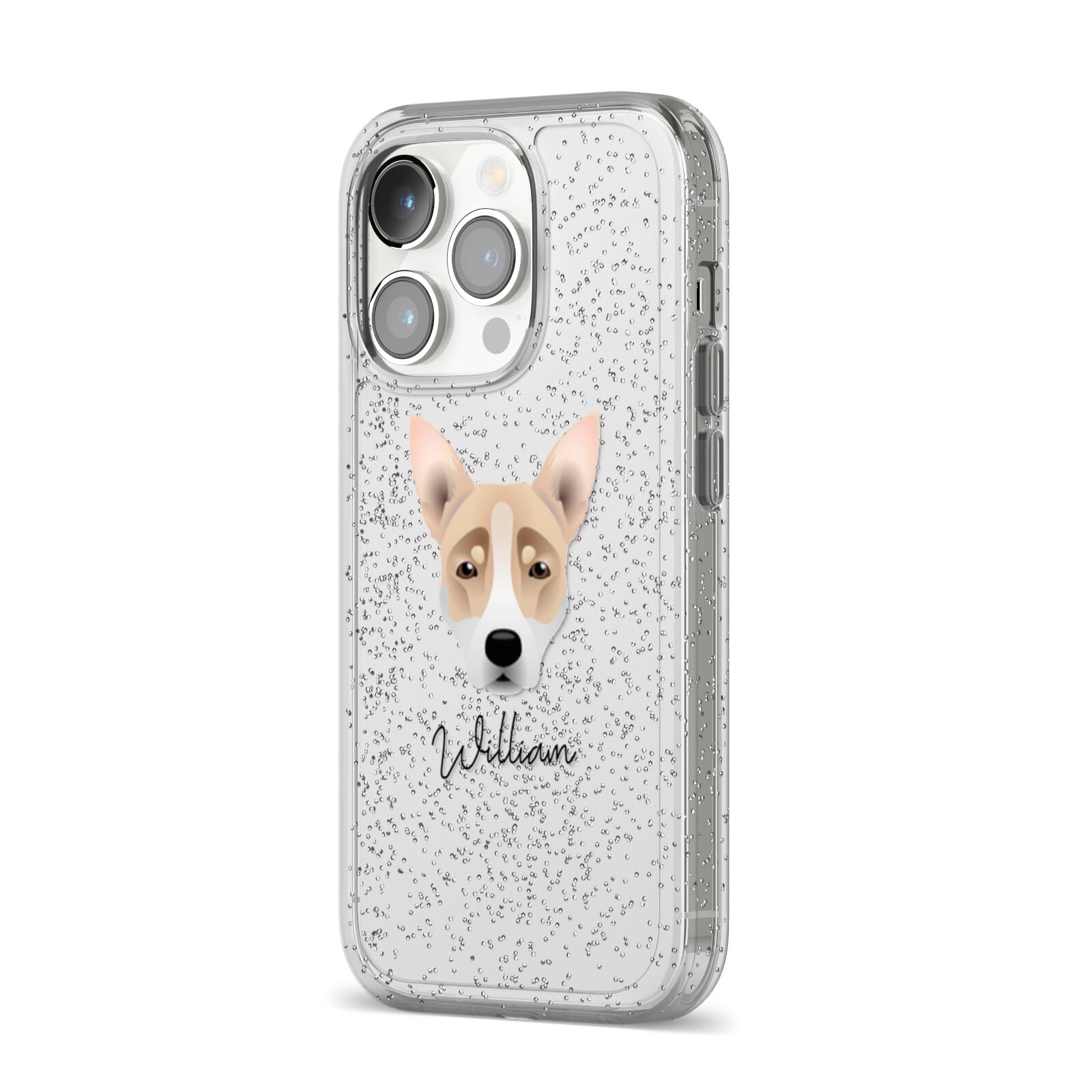 Australian Working Kelpie Personalised iPhone 14 Pro Glitter Tough Case Silver Angled Image