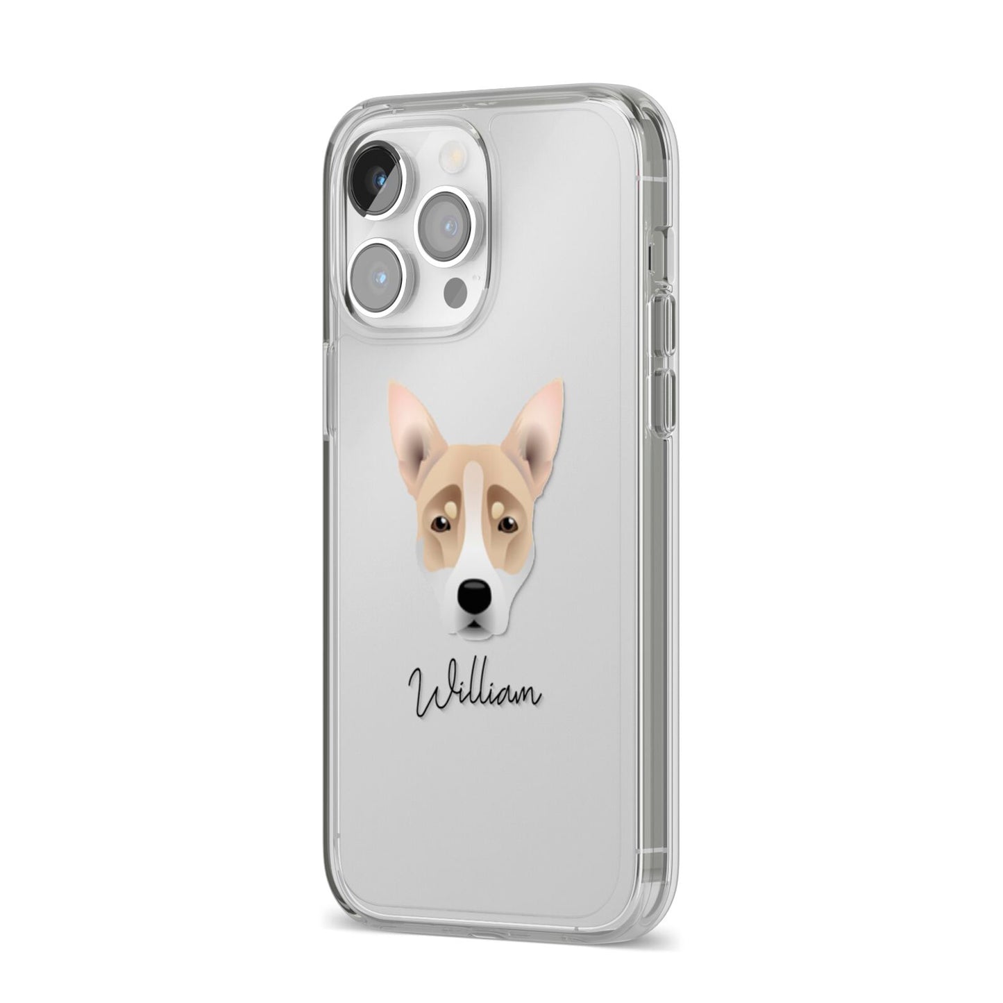 Australian Working Kelpie Personalised iPhone 14 Pro Max Clear Tough Case Silver Angled Image