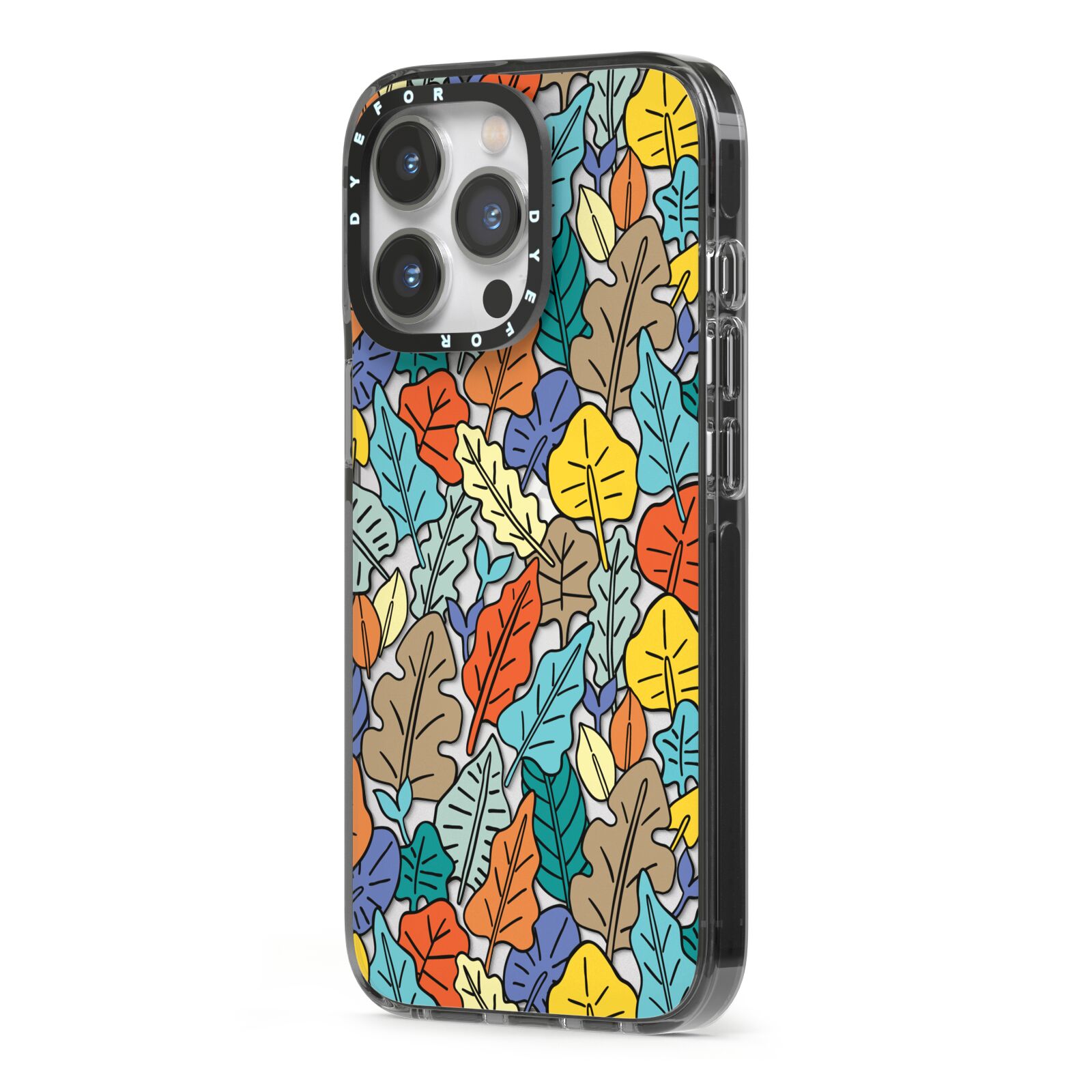Autumn Leaves iPhone 13 Pro Black Impact Case Side Angle on Silver phone