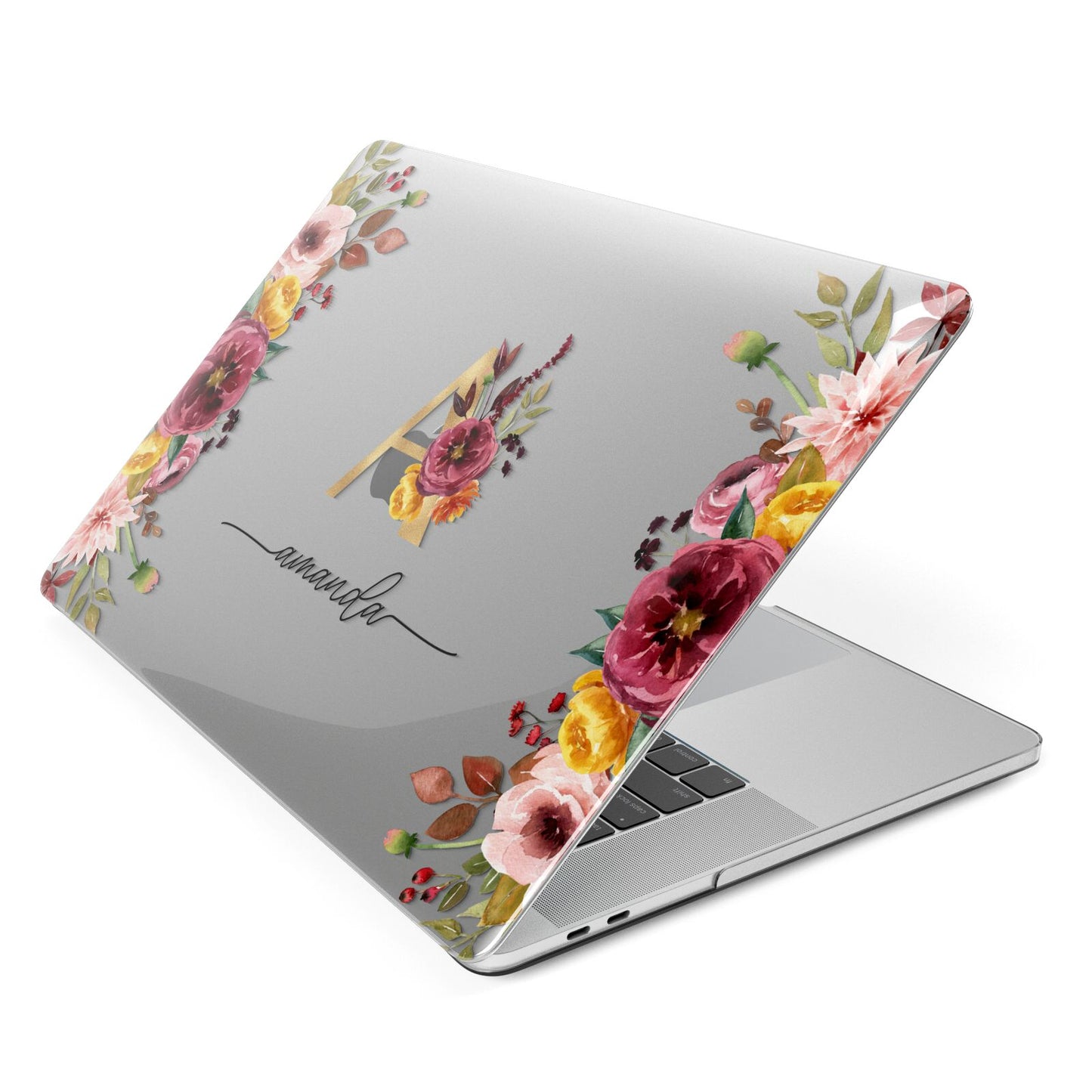 Autumn Watercolour Flowers with Initial Apple MacBook Case Side View