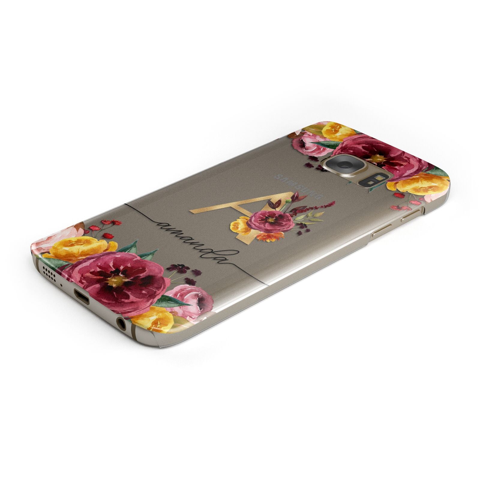 Autumn Watercolour Flowers with Initial Protective Samsung Galaxy Case Angled Image