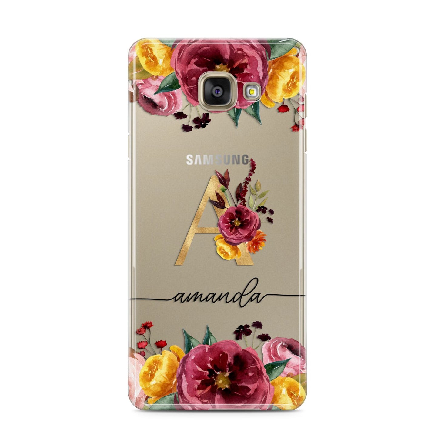 Autumn Watercolour Flowers with Initial Samsung Galaxy A3 2016 Case on gold phone