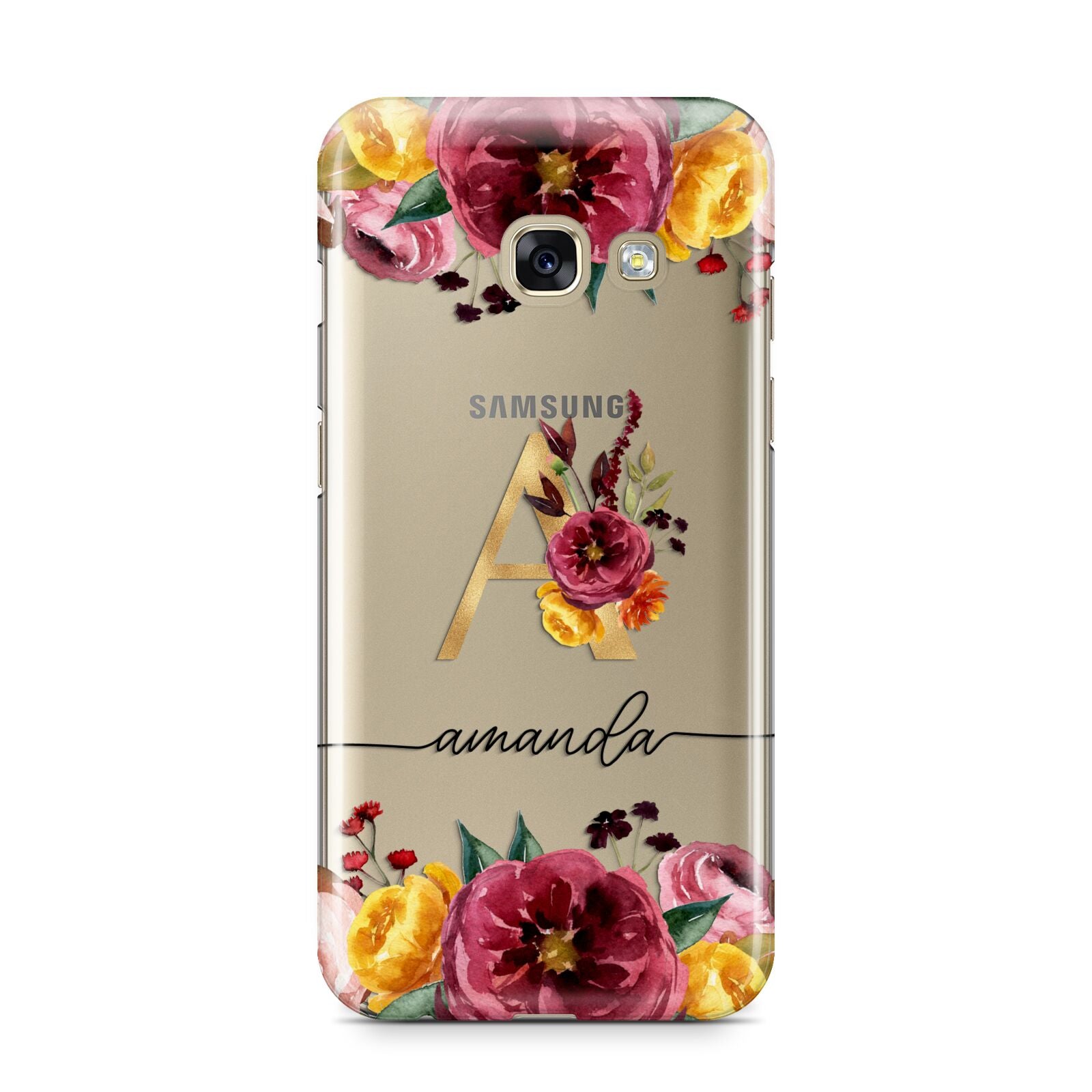 Autumn Watercolour Flowers with Initial Samsung Galaxy A3 2017 Case on gold phone