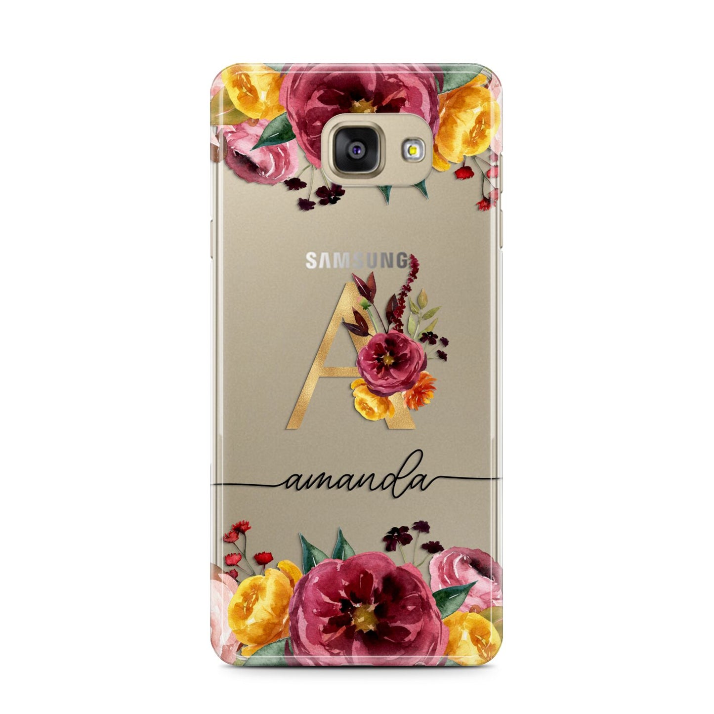 Autumn Watercolour Flowers with Initial Samsung Galaxy A7 2016 Case on gold phone