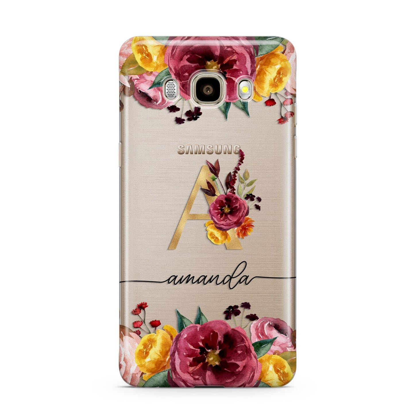 Autumn Watercolour Flowers with Initial Samsung Galaxy J7 2016 Case on gold phone