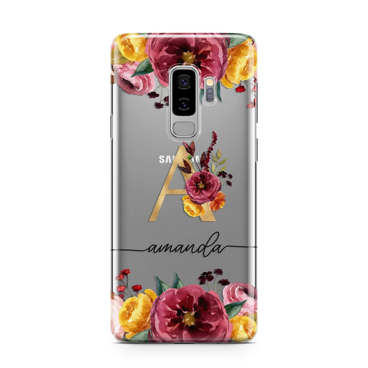 Autumn Watercolour Flowers with Initial Samsung Galaxy S9 Plus Case on Silver phone