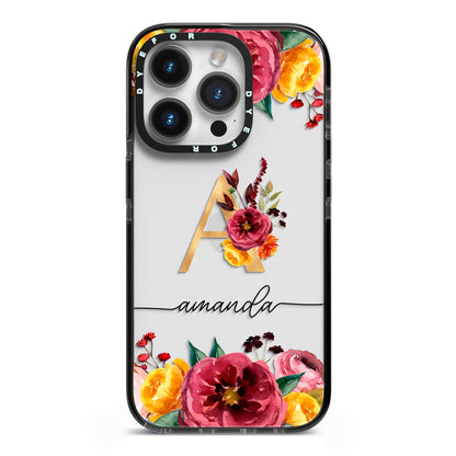 Autumn Watercolour Flowers with Initial iPhone 14 Pro Black Impact Case on Silver phone