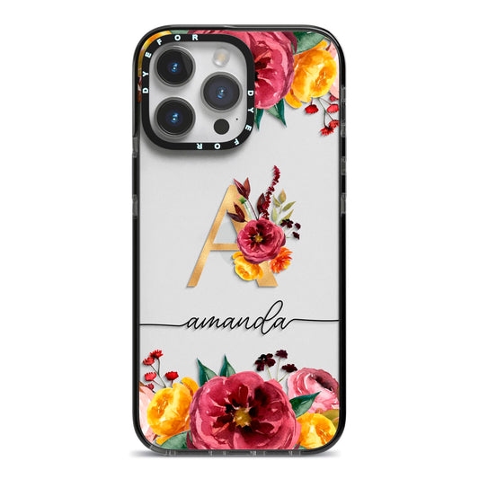 Autumn Watercolour Flowers with Initial iPhone 14 Pro Max Black Impact Case on Silver phone