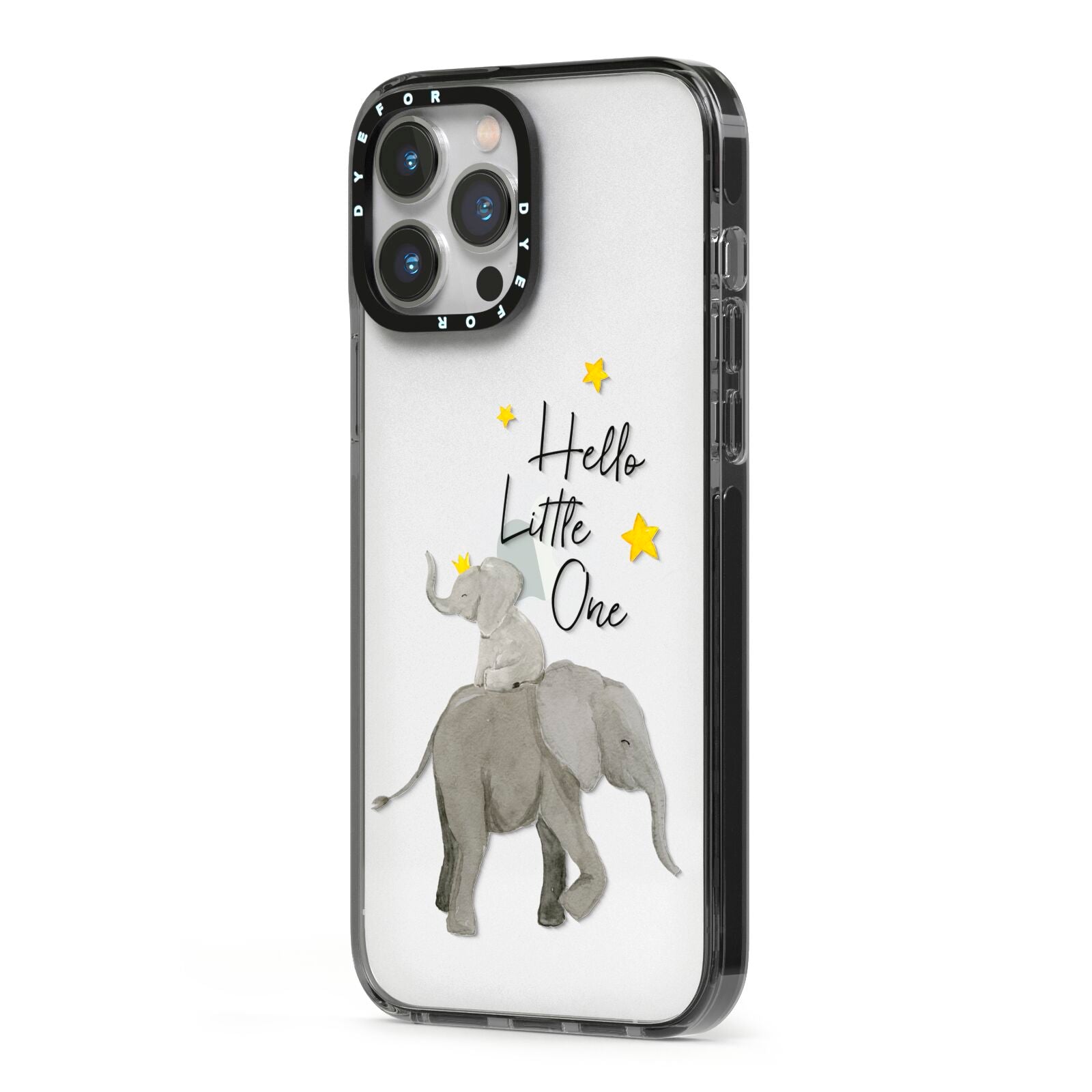 Baby Elephant iPhone 13 Pro Max Black Impact Case Side Angle on Silver phone