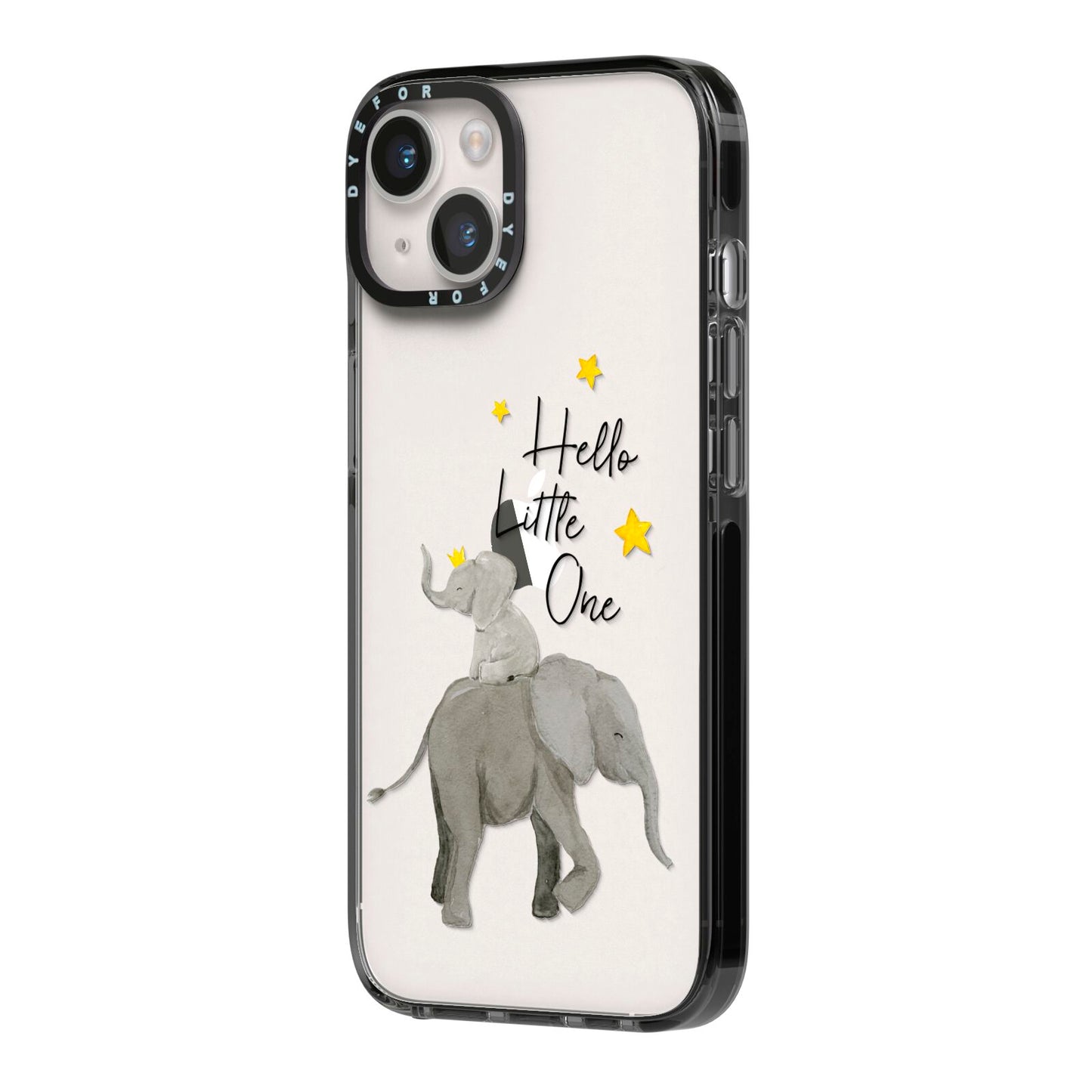 Baby Elephant iPhone 14 Black Impact Case Side Angle on Silver phone