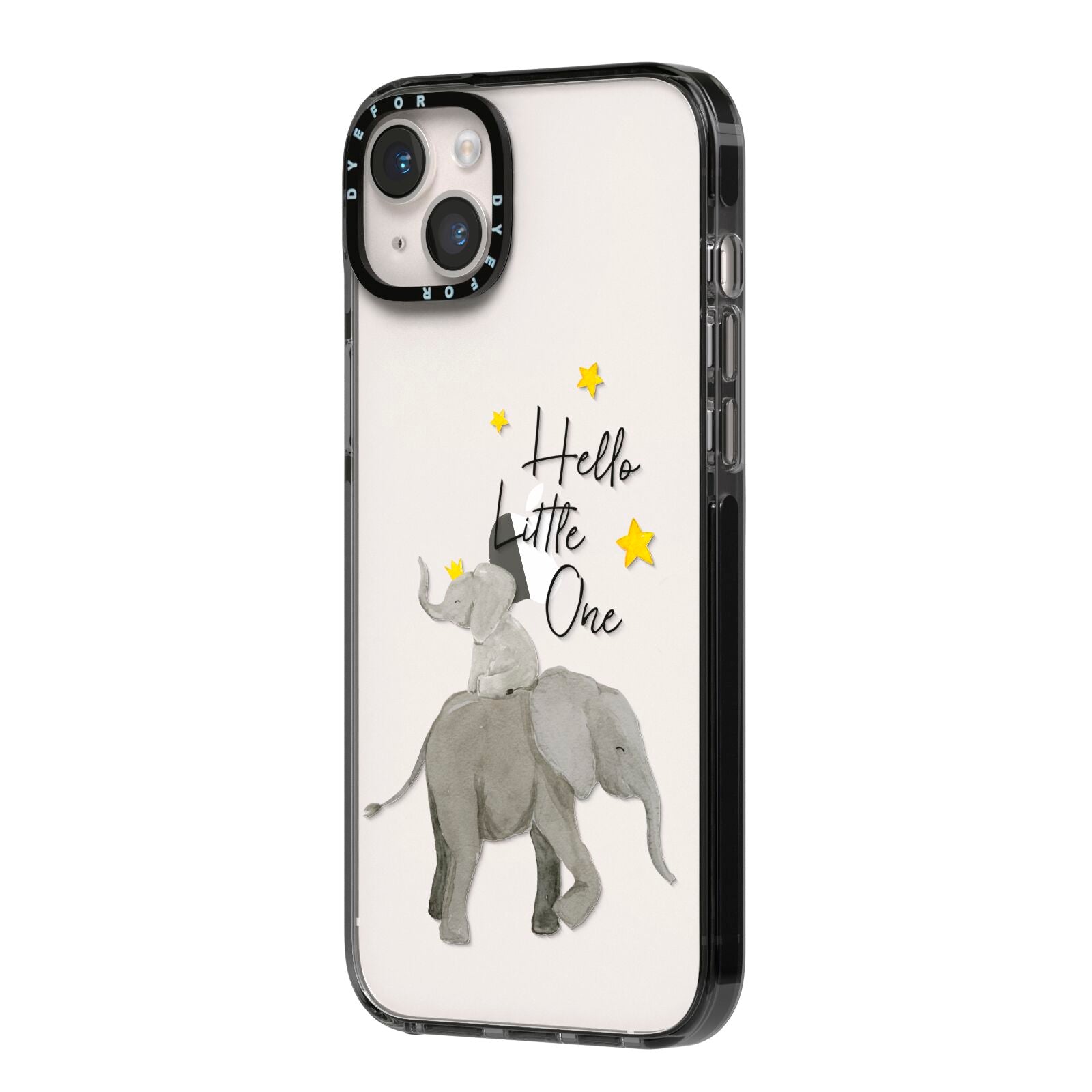 Baby Elephant iPhone 14 Plus Black Impact Case Side Angle on Silver phone