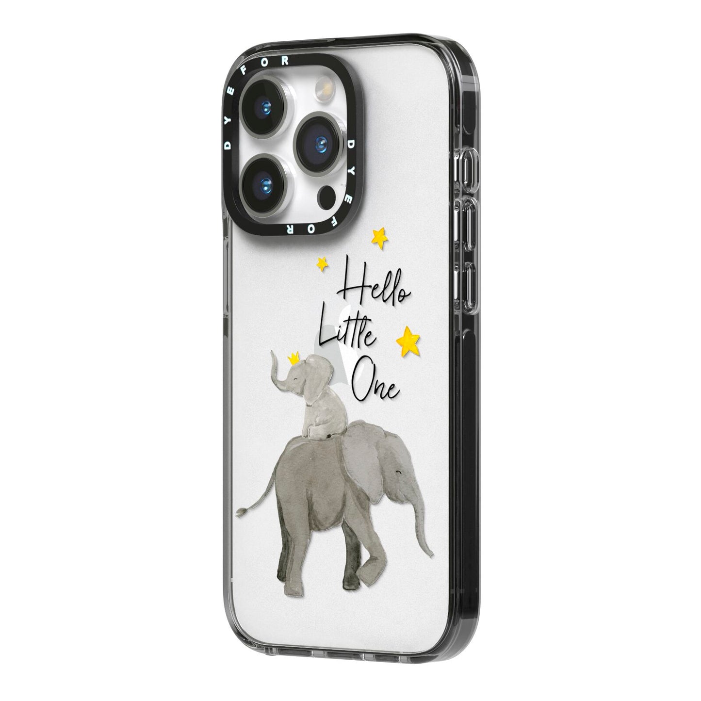 Baby Elephant iPhone 14 Pro Black Impact Case Side Angle on Silver phone