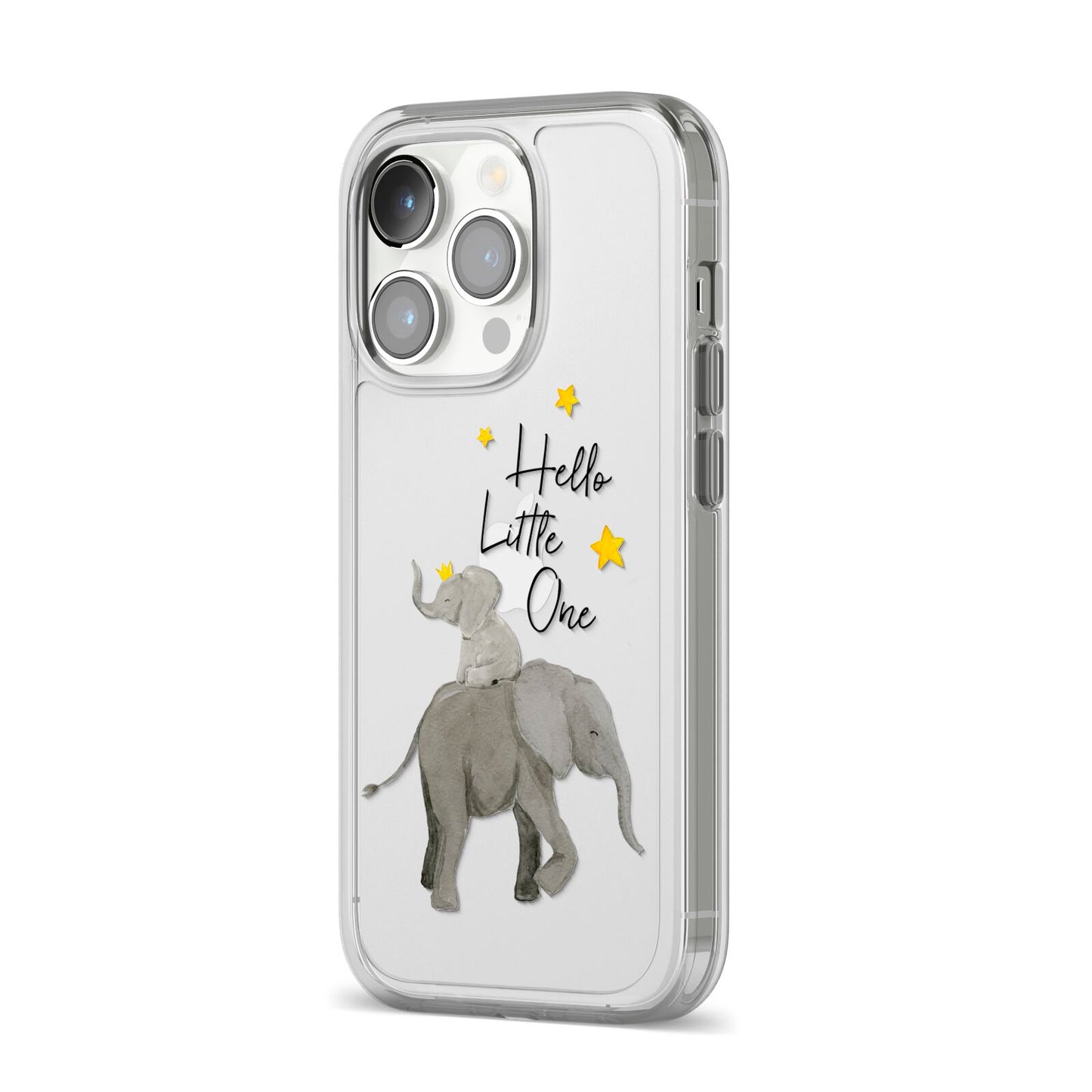 Baby Elephant iPhone 14 Pro Clear Tough Case Silver Angled Image