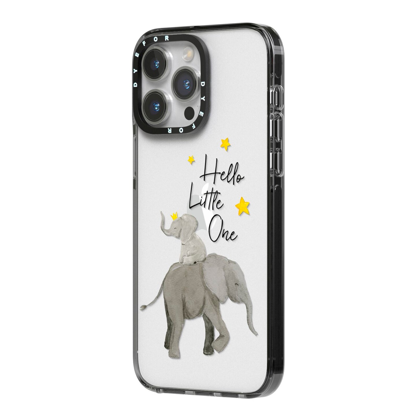 Baby Elephant iPhone 14 Pro Max Black Impact Case Side Angle on Silver phone