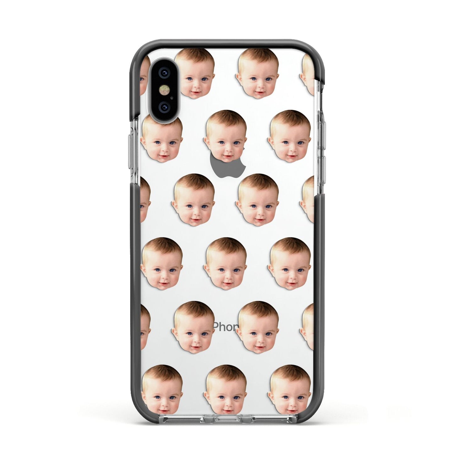 Baby Face Apple iPhone Xs Impact Case Black Edge on Silver Phone