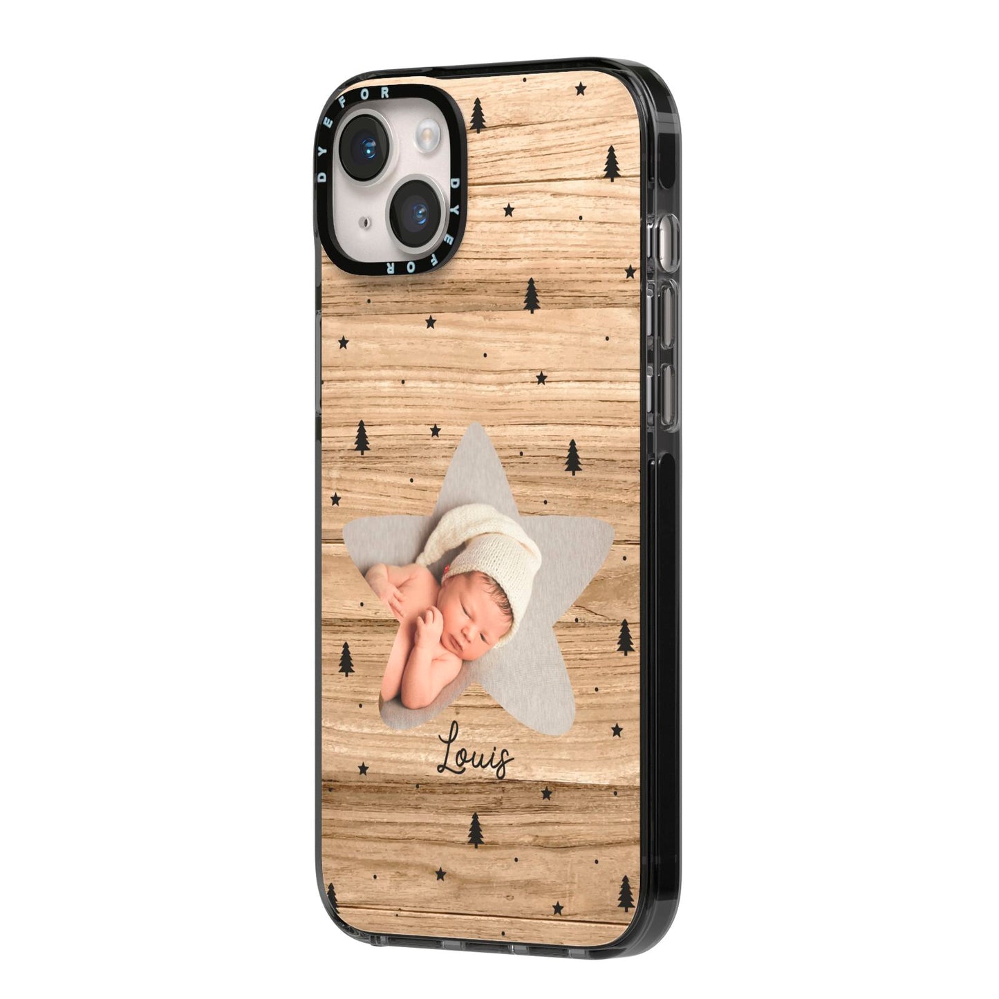 Baby Photo Upload iPhone 14 Plus Black Impact Case Side Angle on Silver phone