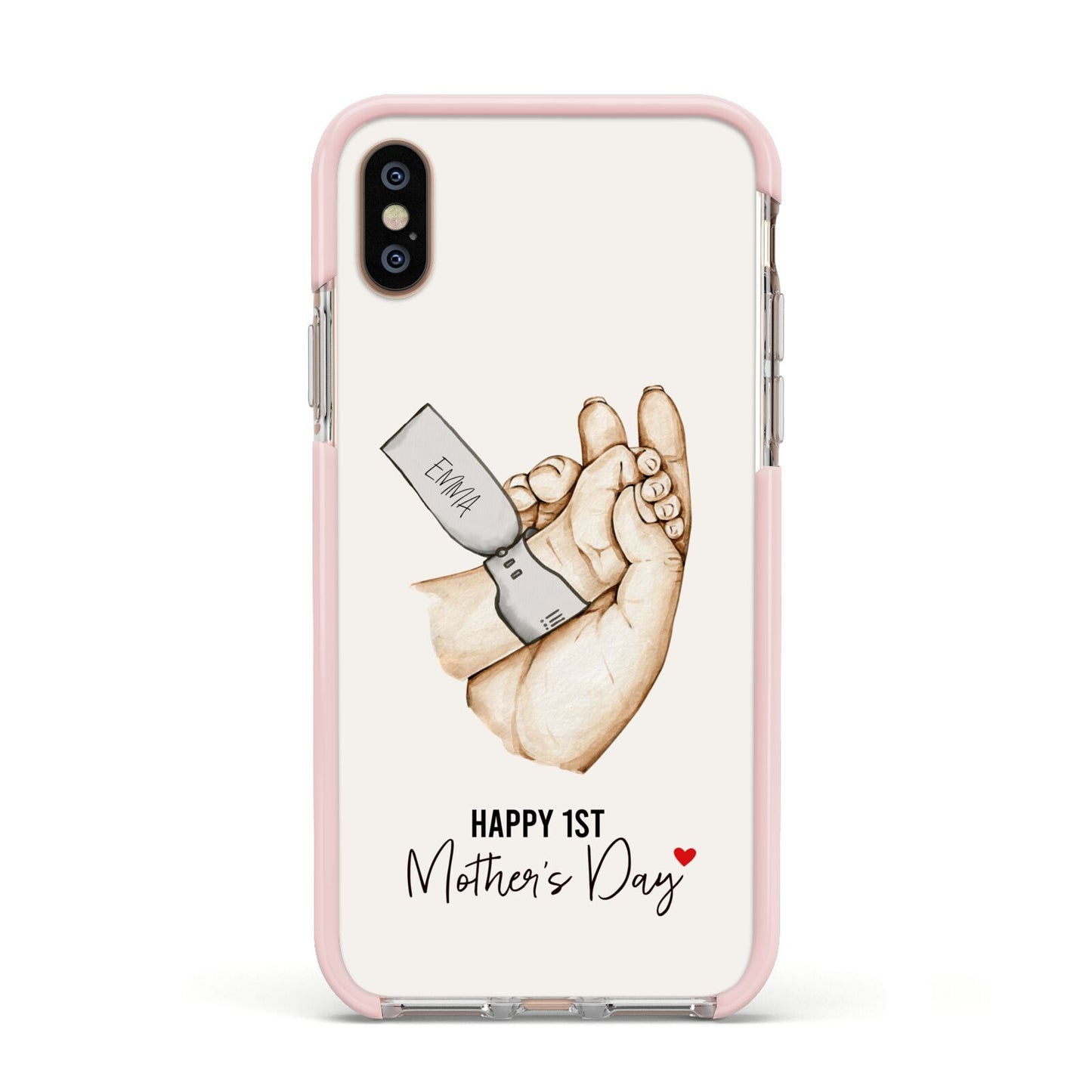 Baby s Hands First Mothers Day Apple iPhone Xs Impact Case Pink Edge on Gold Phone