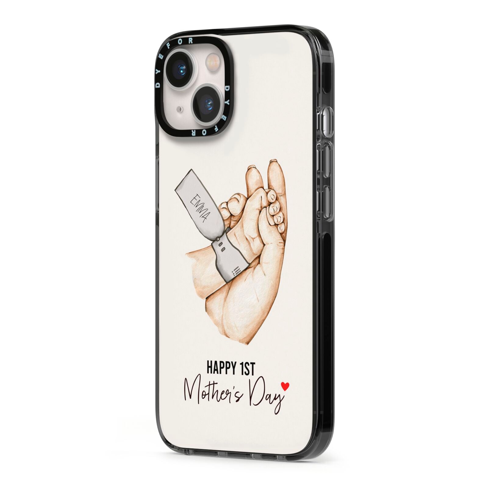 Baby s Hands First Mothers Day iPhone 13 Black Impact Case Side Angle on Silver phone