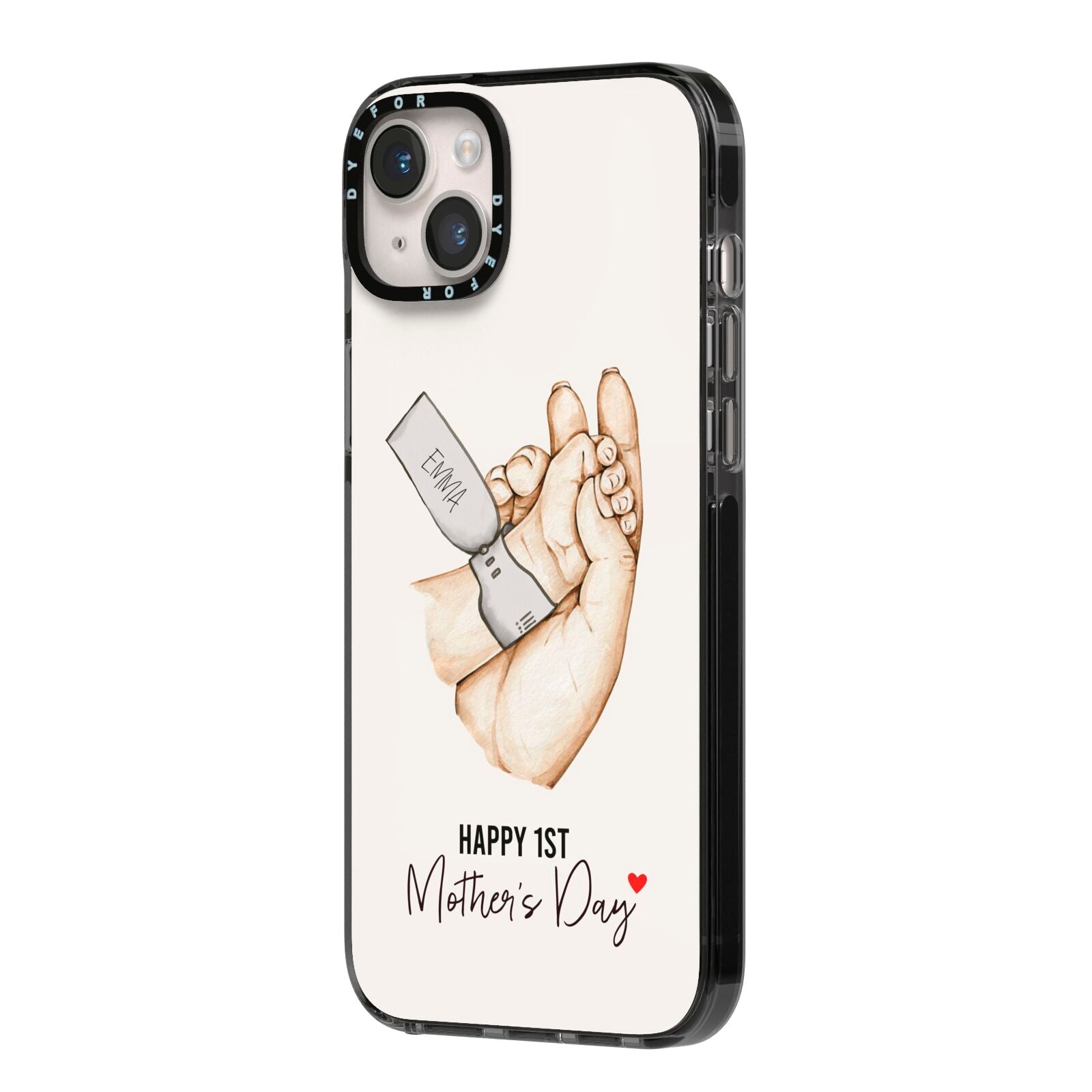 Baby s Hands First Mothers Day iPhone 14 Plus Black Impact Case Side Angle on Silver phone