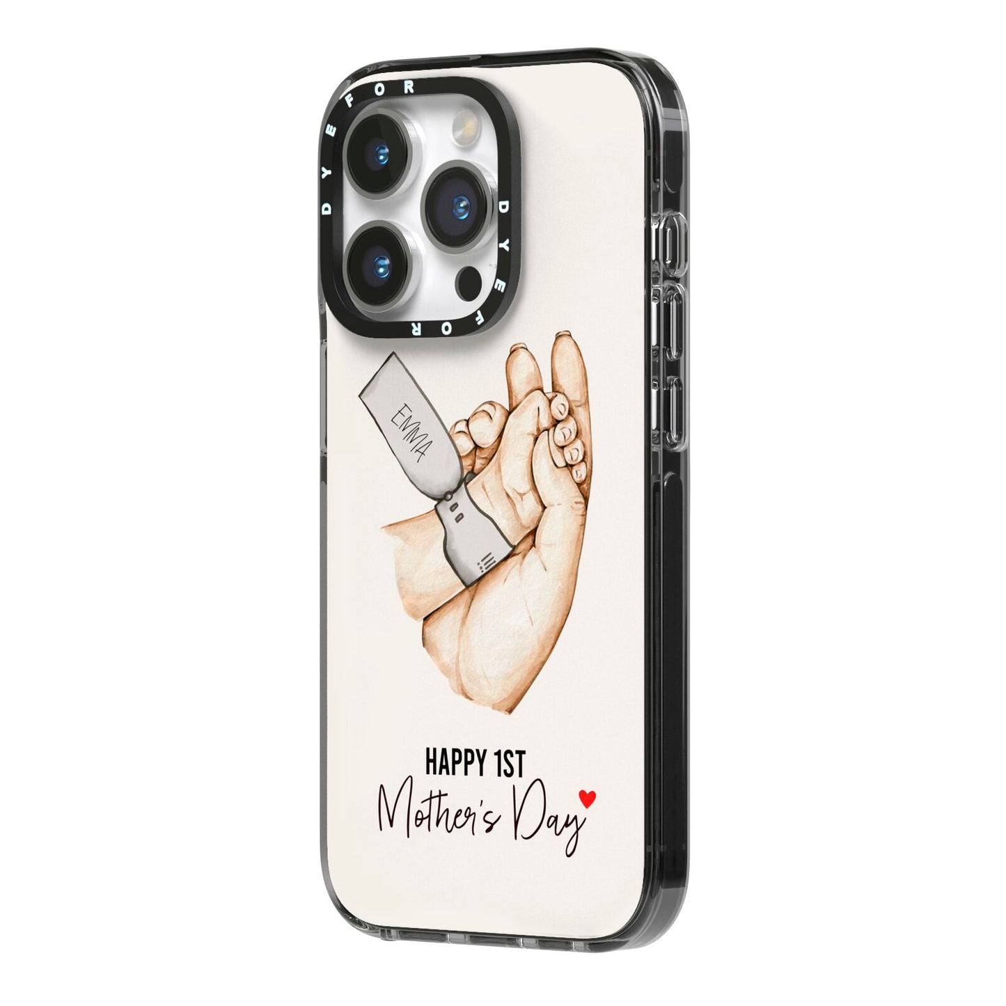 Baby s Hands First Mothers Day iPhone 14 Pro Black Impact Case Side Angle on Silver phone