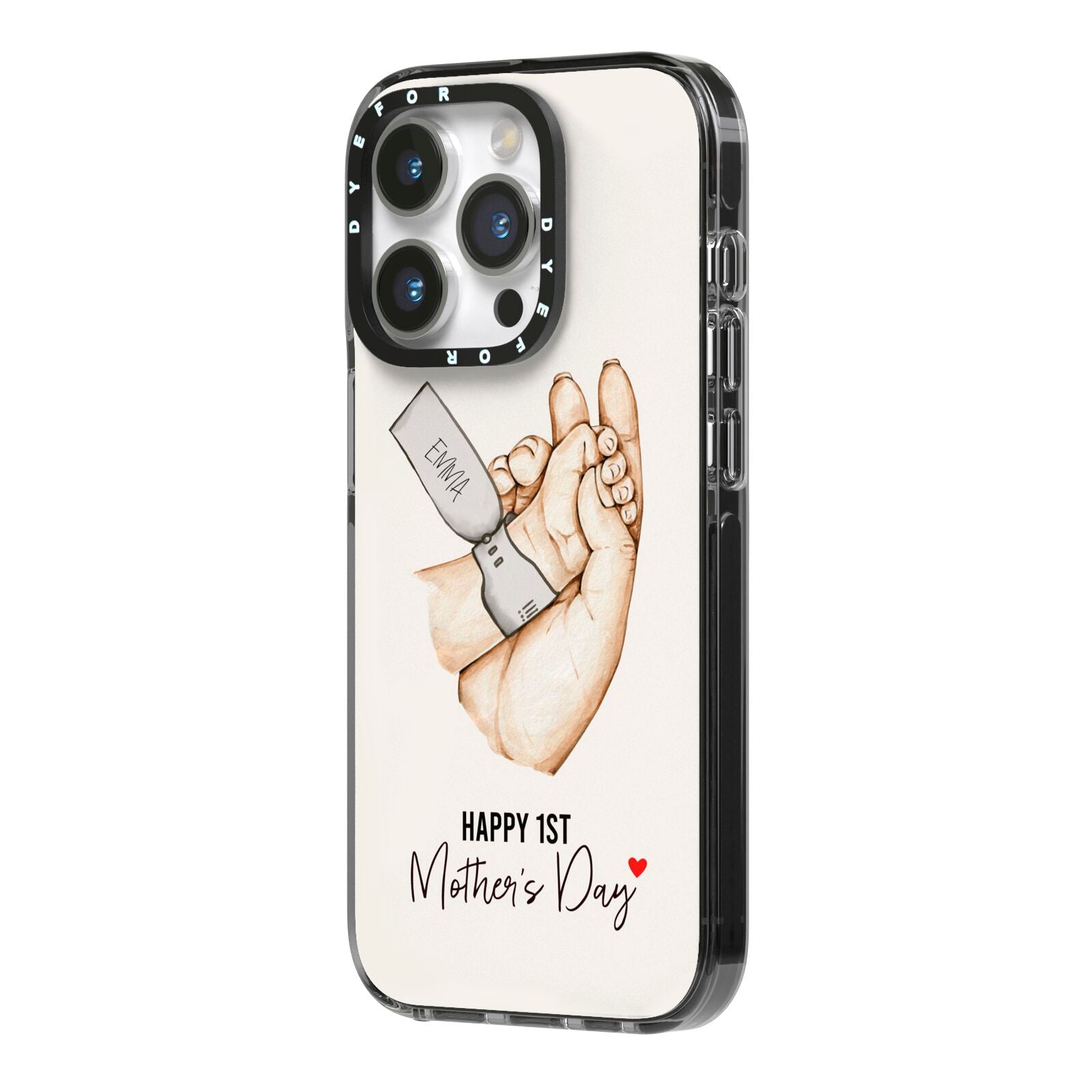 Baby s Hands First Mothers Day iPhone 14 Pro Black Impact Case Side Angle on Silver phone