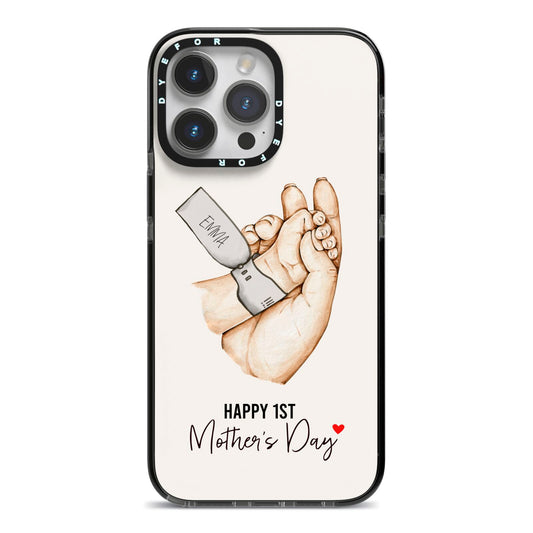 Baby s Hands First Mothers Day iPhone 14 Pro Max Black Impact Case on Silver phone