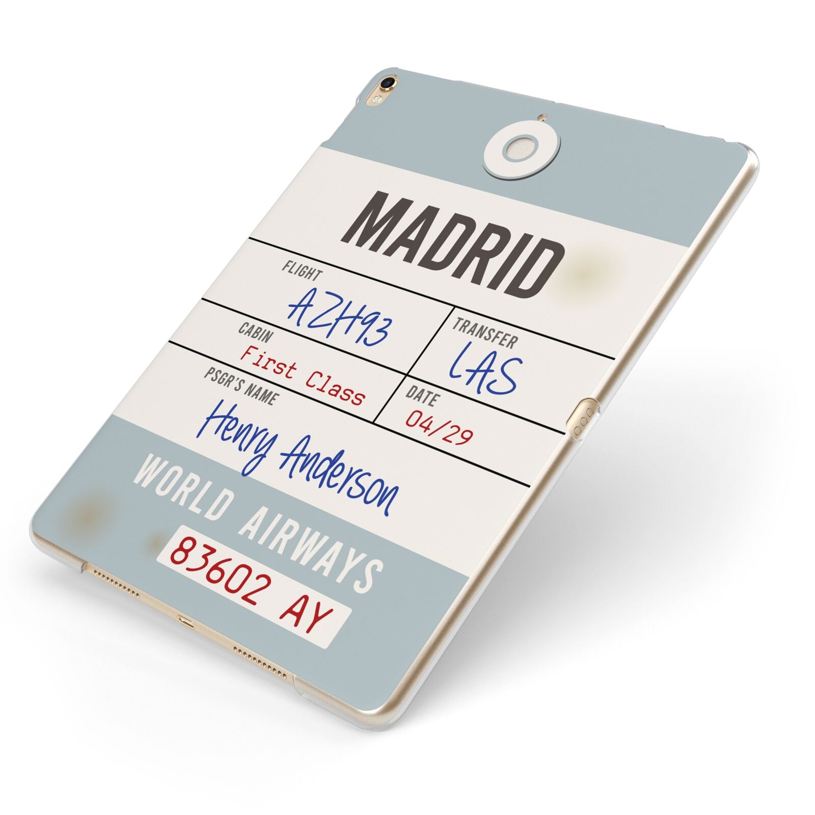 Baggage Tag Apple iPad Case on Gold iPad Side View