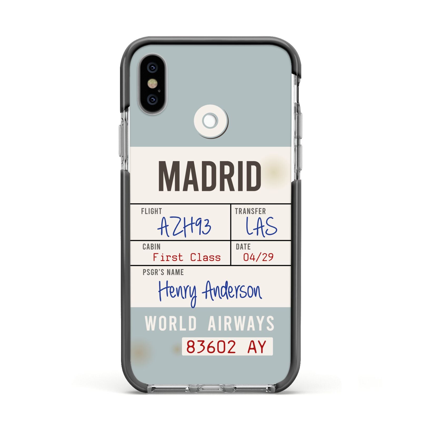 Baggage Tag Apple iPhone Xs Impact Case Black Edge on Silver Phone