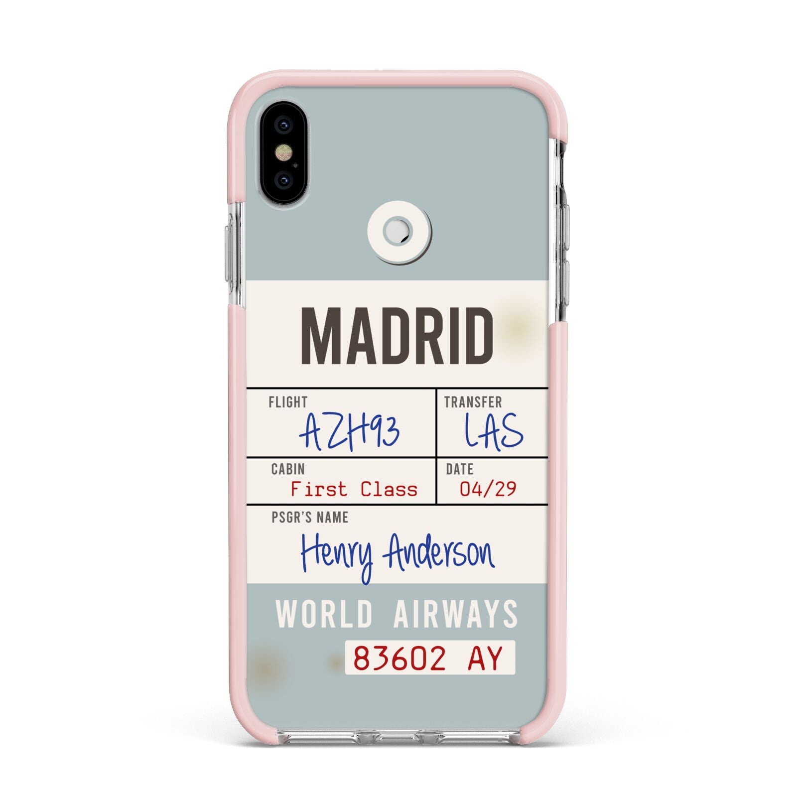 Baggage Tag Apple iPhone Xs Max Impact Case Pink Edge on Silver Phone