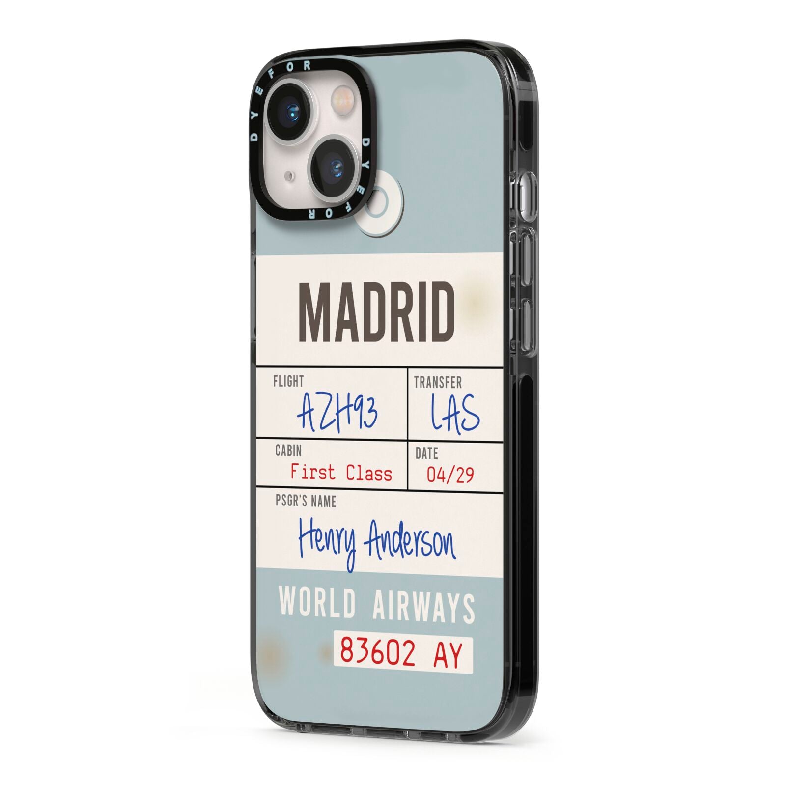 Baggage Tag iPhone 13 Black Impact Case Side Angle on Silver phone