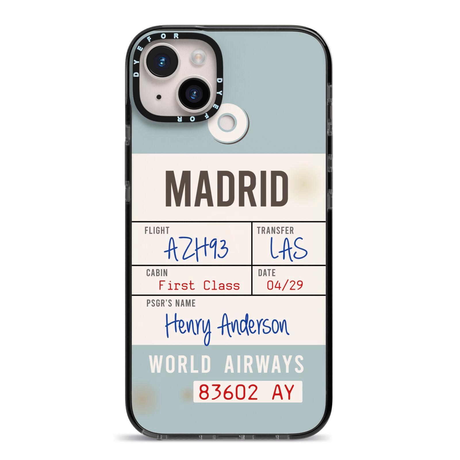 Baggage Tag iPhone 14 Plus Black Impact Case on Silver phone