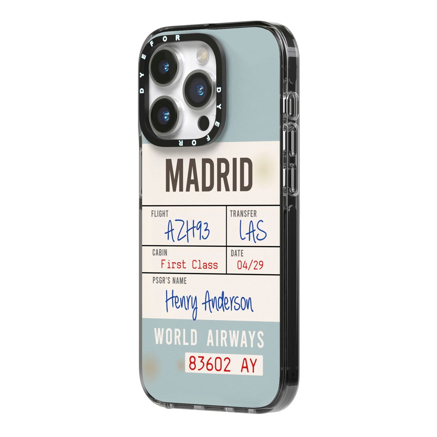 Baggage Tag iPhone 14 Pro Black Impact Case Side Angle on Silver phone