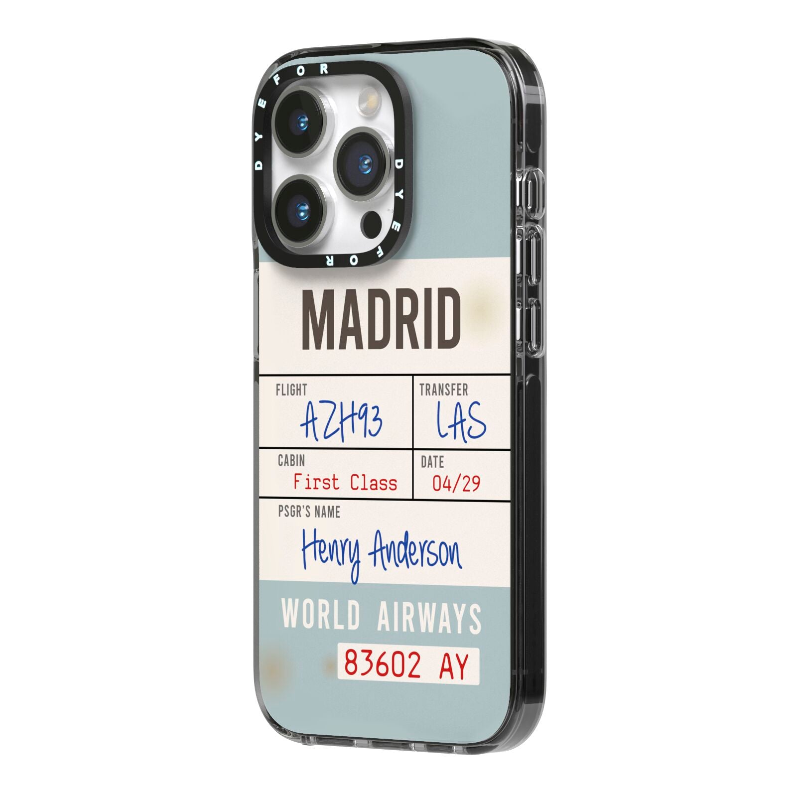 Baggage Tag iPhone 14 Pro Black Impact Case Side Angle on Silver phone