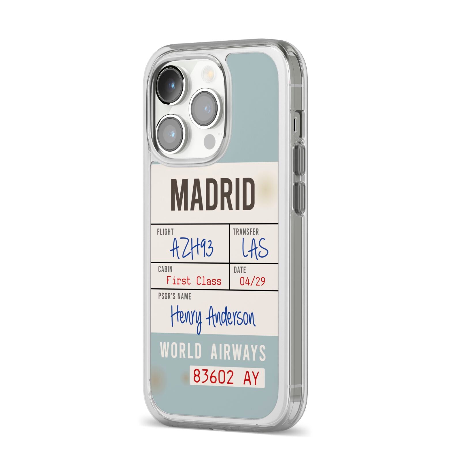 Baggage Tag iPhone 14 Pro Clear Tough Case Silver Angled Image