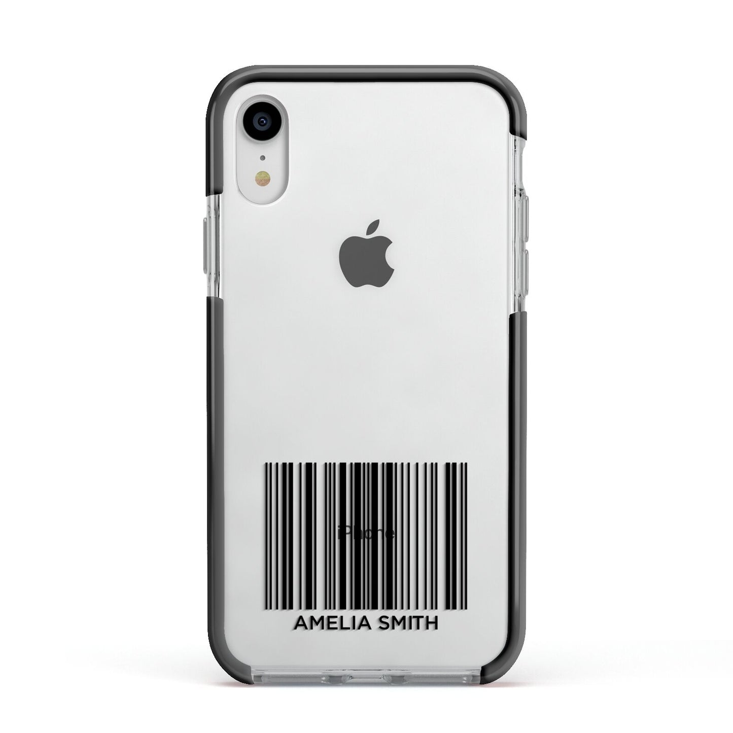 Barcode with Text Apple iPhone XR Impact Case Black Edge on Silver Phone