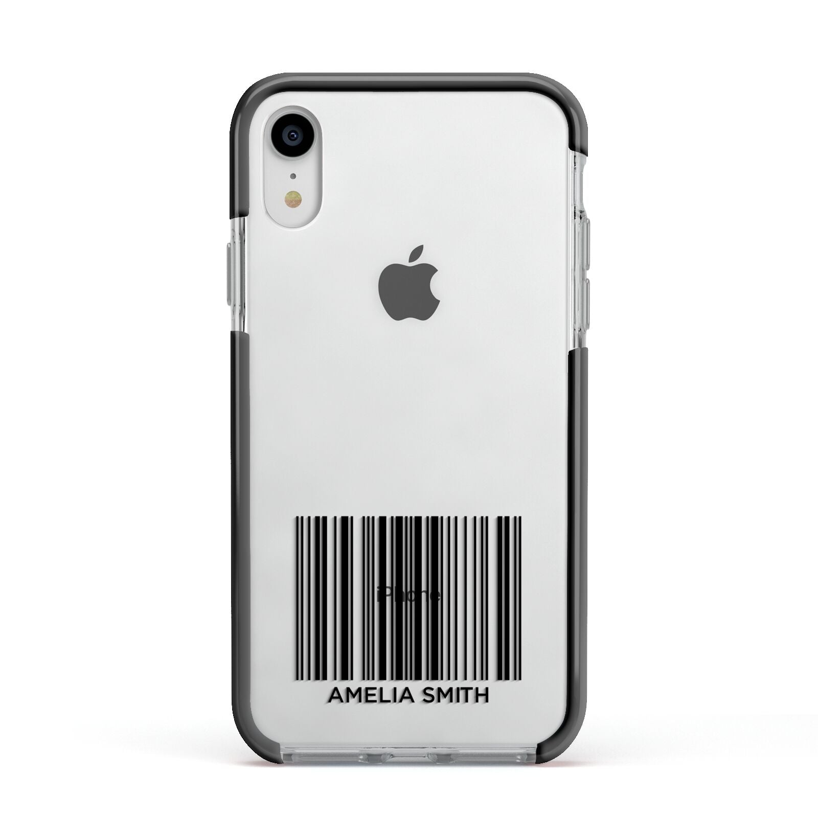 Barcode with Text Apple iPhone XR Impact Case Black Edge on Silver Phone