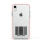 Barcode with Text Apple iPhone XR Impact Case Pink Edge on Silver Phone