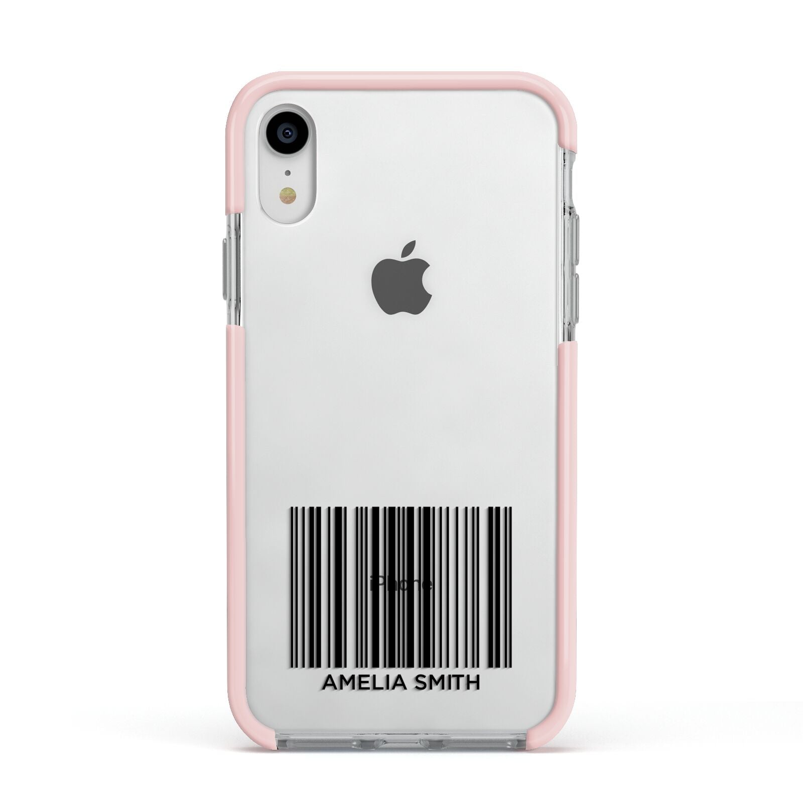 Barcode with Text Apple iPhone XR Impact Case Pink Edge on Silver Phone
