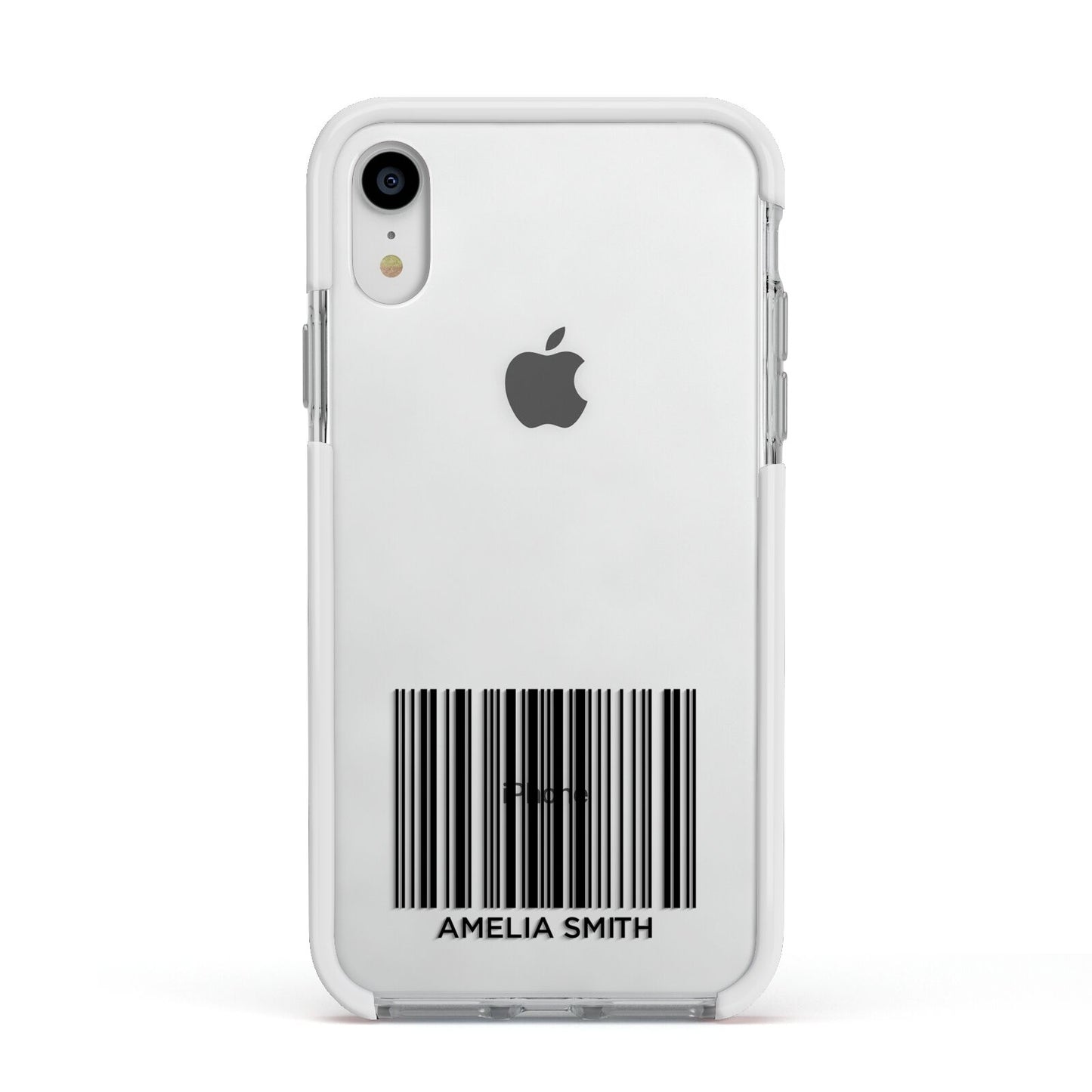 Barcode with Text Apple iPhone XR Impact Case White Edge on Silver Phone
