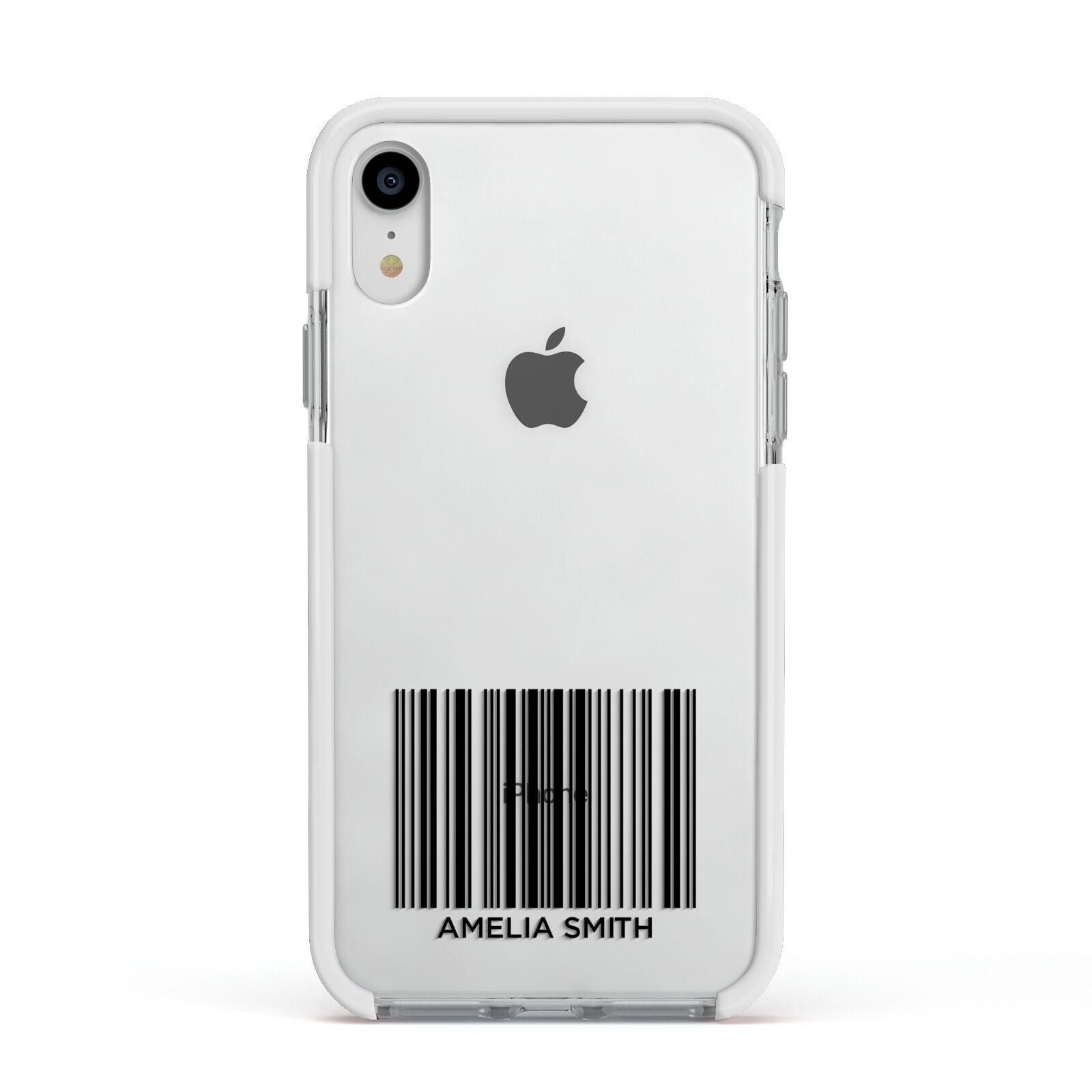 Barcode with Text Apple iPhone XR Impact Case White Edge on Silver Phone
