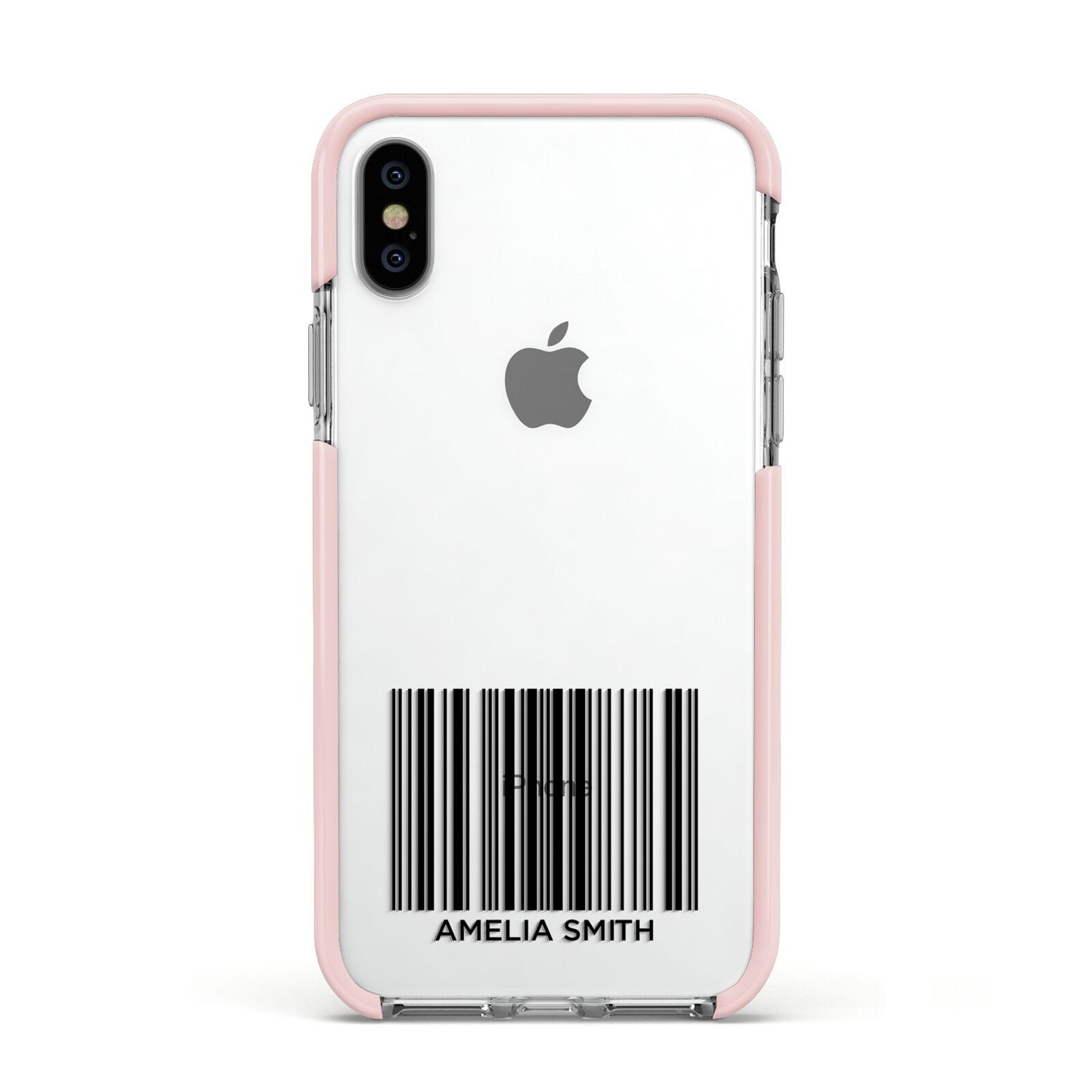 Barcode with Text Apple iPhone Xs Impact Case Pink Edge on Silver Phone