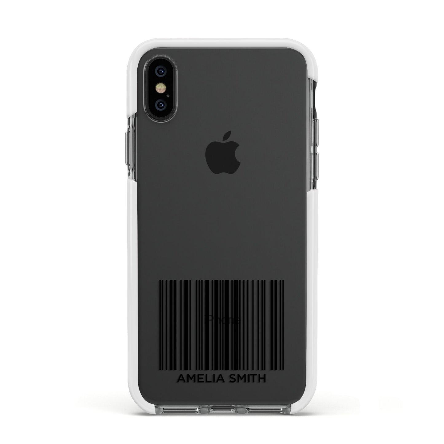 Barcode with Text Apple iPhone Xs Impact Case White Edge on Black Phone