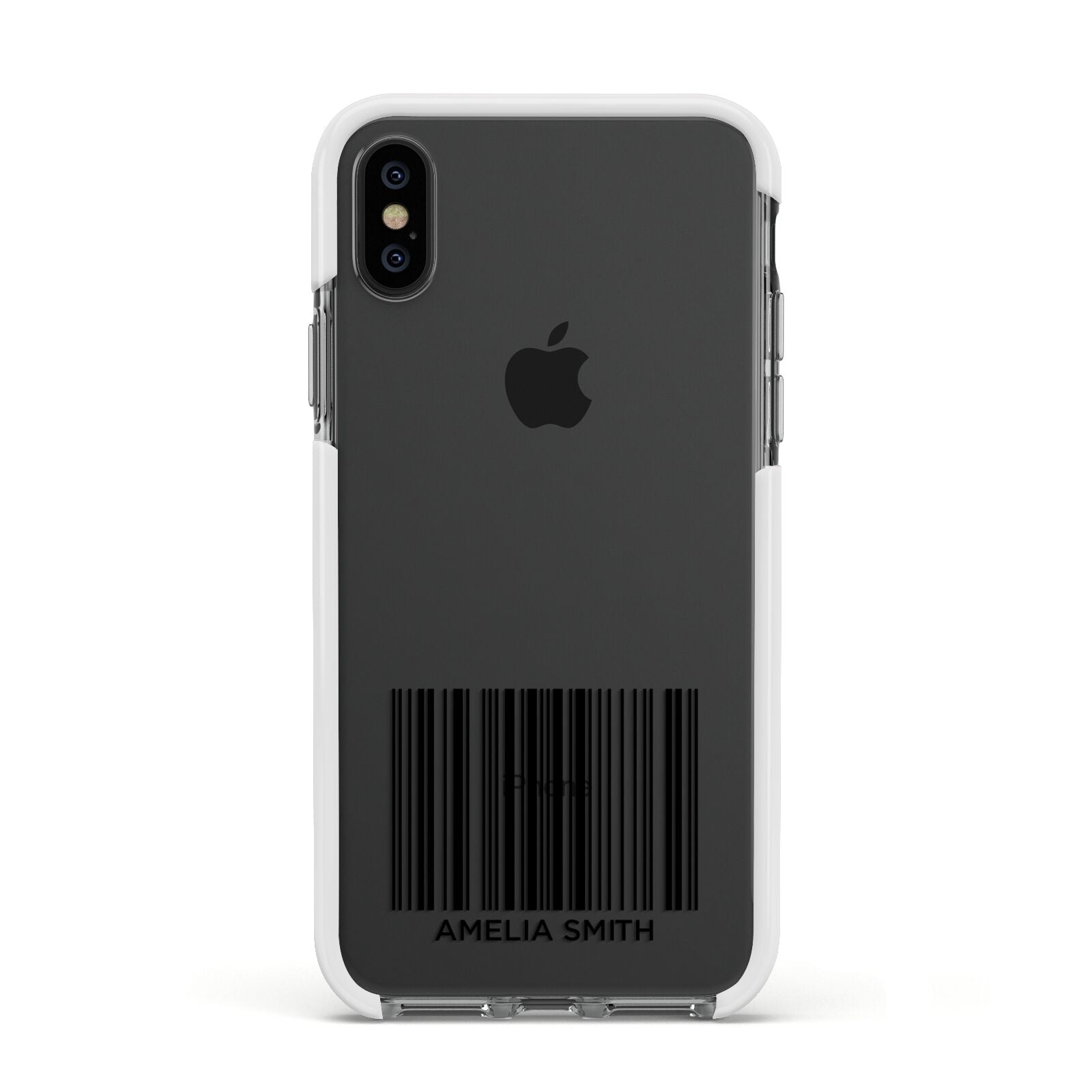 Barcode with Text Apple iPhone Xs Impact Case White Edge on Black Phone