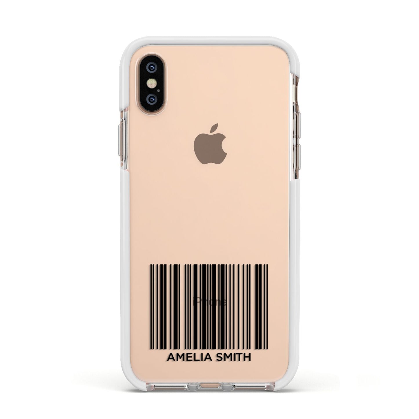 Barcode with Text Apple iPhone Xs Impact Case White Edge on Gold Phone