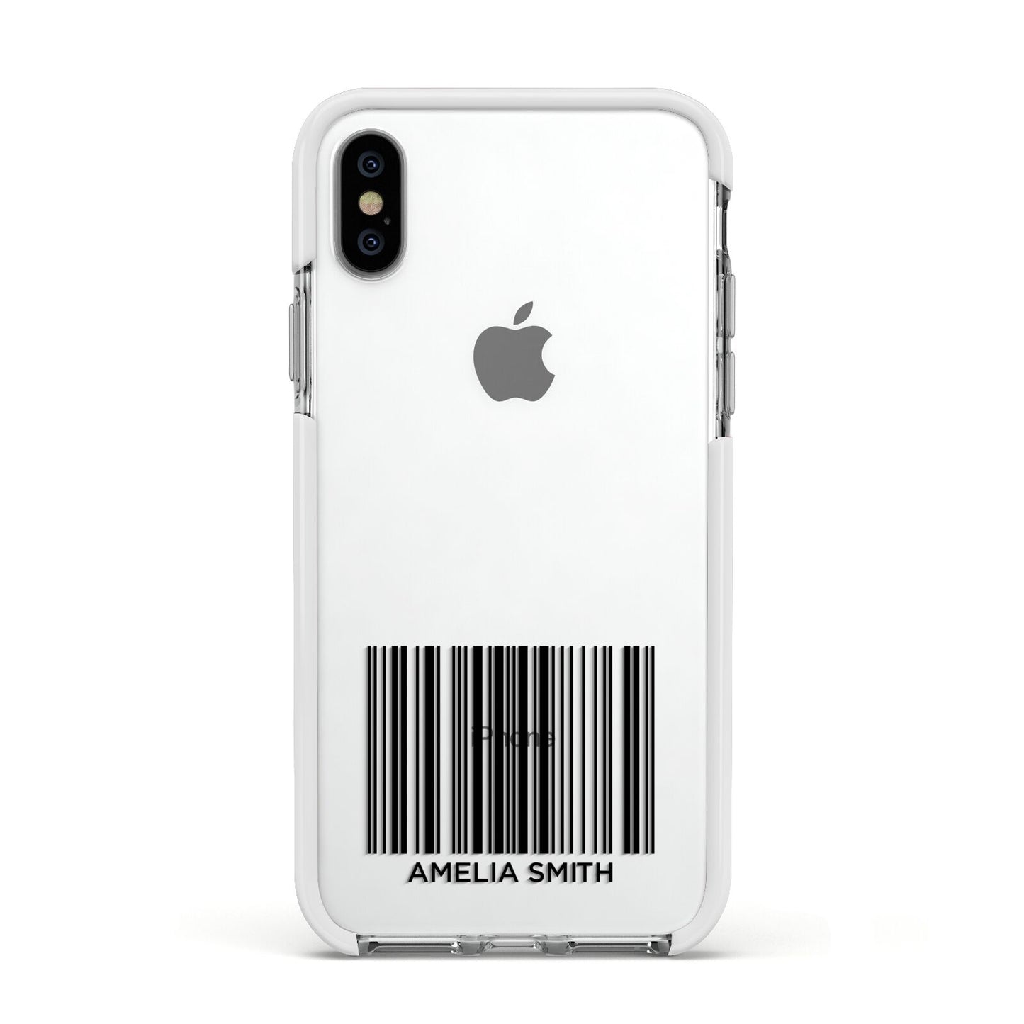 Barcode with Text Apple iPhone Xs Impact Case White Edge on Silver Phone