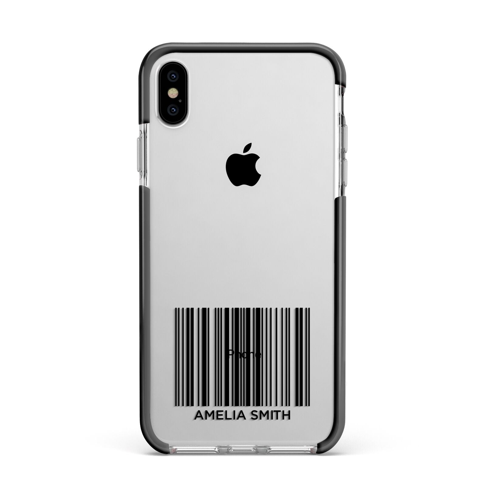 Barcode with Text Apple iPhone Xs Max Impact Case Black Edge on Silver Phone